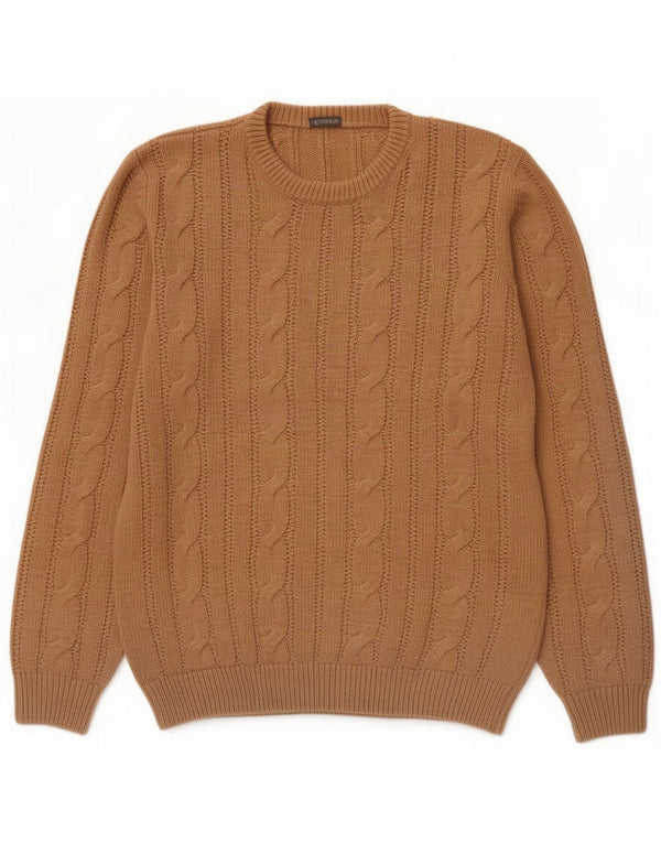 vintage Mens Crew Neck Jumper Pull Moyen Marron Acrylique