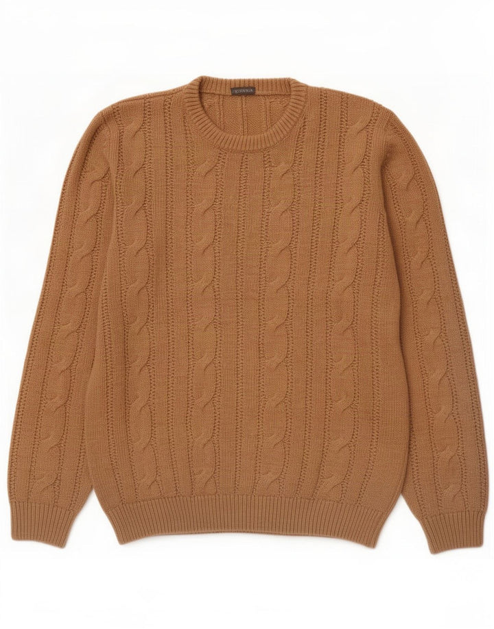 vintage Mens Crew Neck Jumper Pull Moyen Marron Acrylique