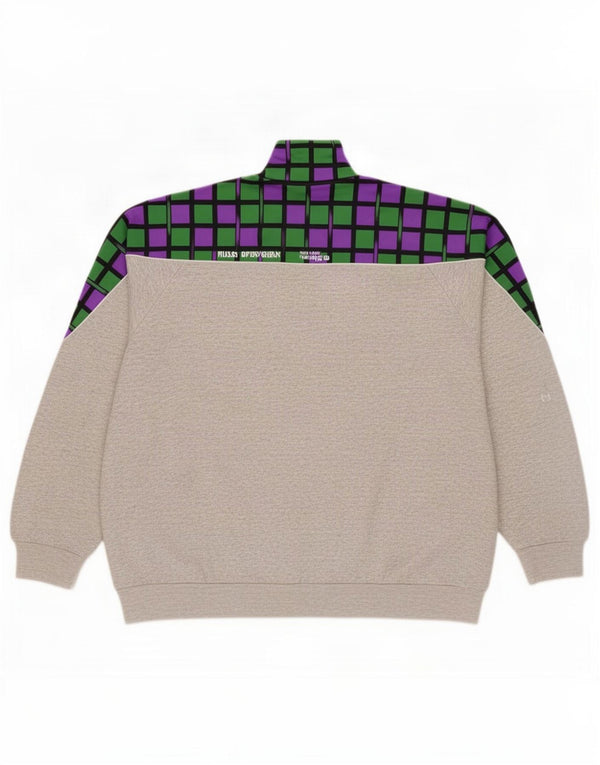 Vintage Mens Graphic Zip Neck Sweatshirt Jumper 2XL Gris Colorblock
