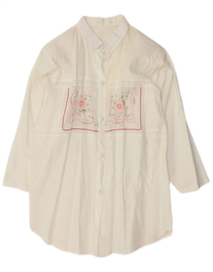 VINTAGE Femme 3/4 Manches Chemise Blouse UK 14 Moyen Blanc Floral