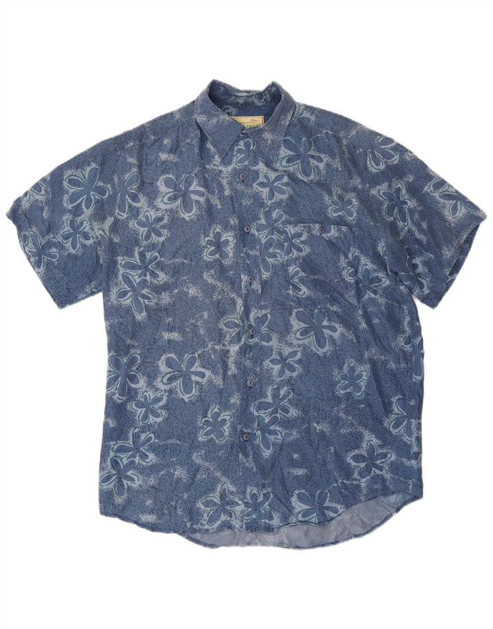 James Dillon Chemise à manches courtes pour homme en soie florale bleue