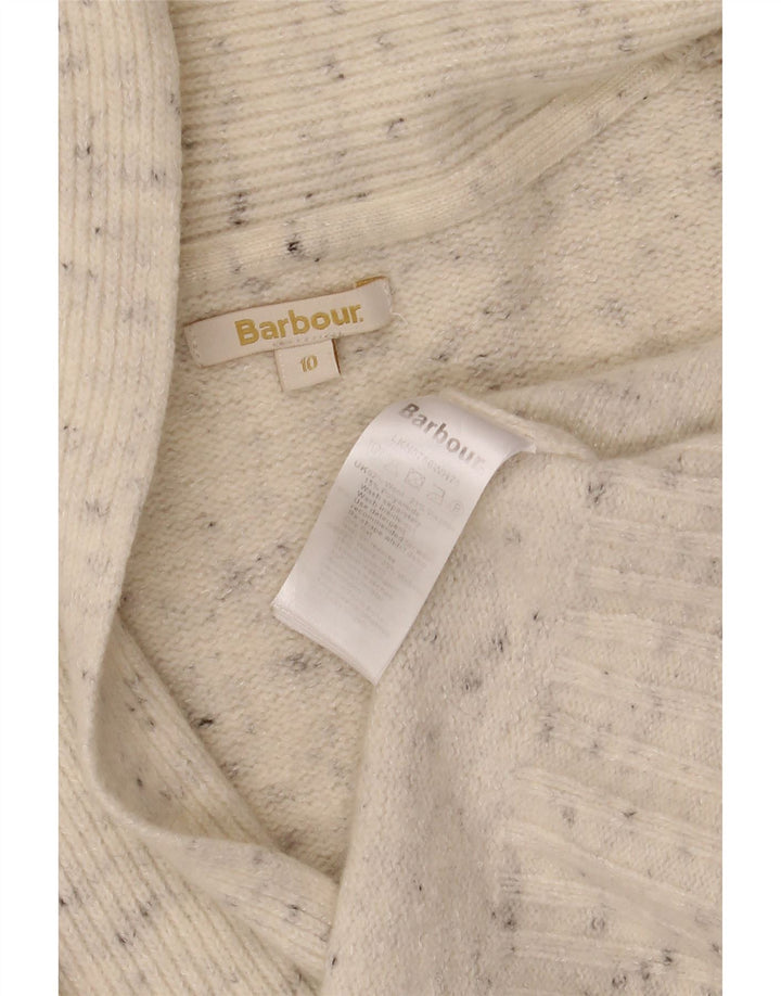 BARBOUR Femme Cardigan Ouvert Pull UK 10 Petite Laine Mouchetée Blanc Cassé