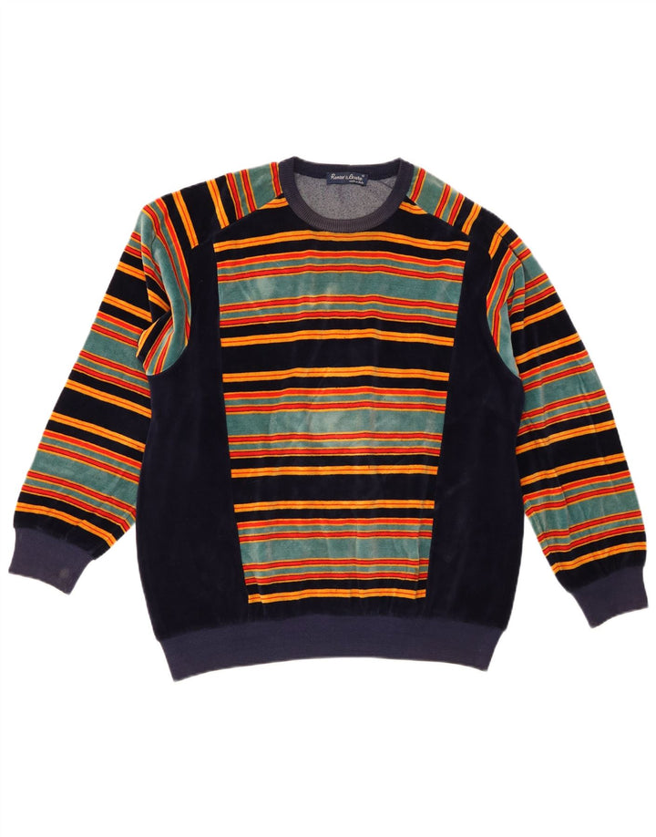 vintage Mens Terry Cloth Sweatshirt Jumper Moyen Bleu Marine Rayé Coton