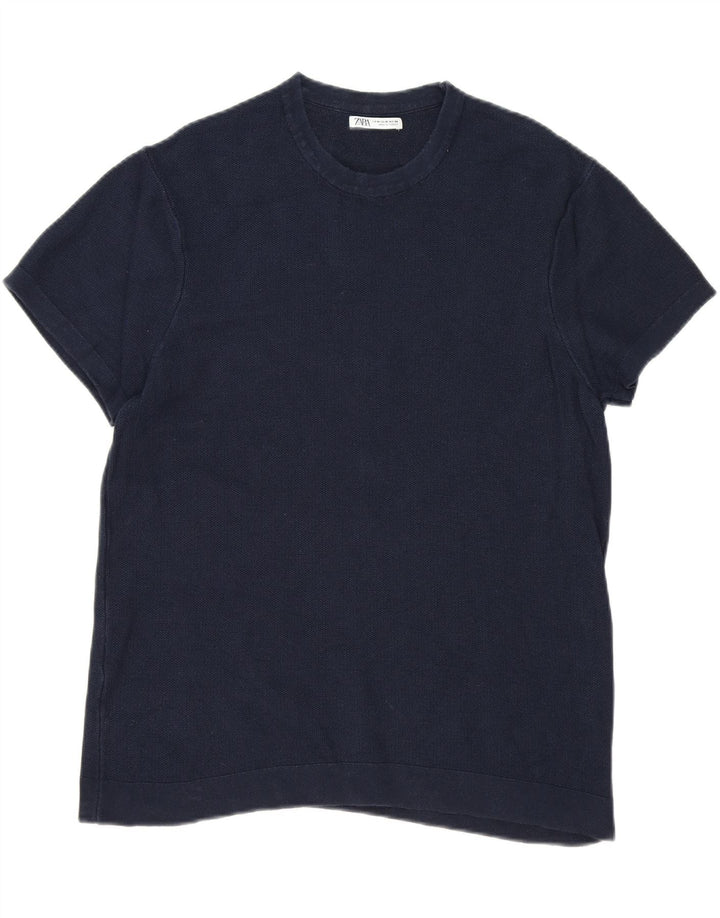 ZARA Womens T-Shirt Top UK 14 Medium Navy Blue Cotton Vintage Zara and Second-Hand Zara from Messina Hembry 
