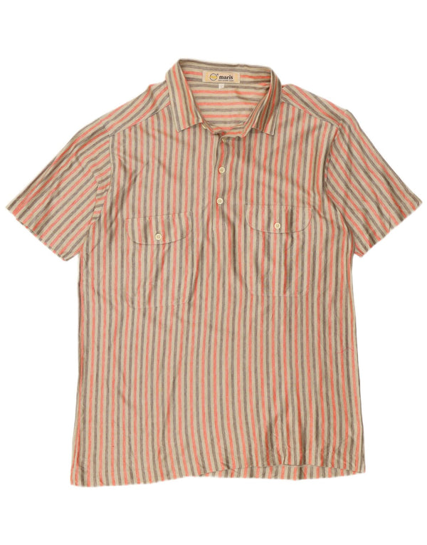 vintage Mens Manches Courtes Pull Chemise Grand Coton Rayé Beige