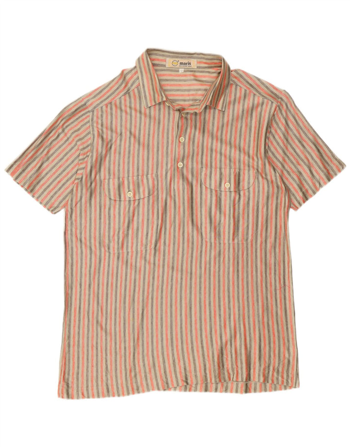 vintage Mens Manches Courtes Pull Chemise Grand Coton Rayé Beige