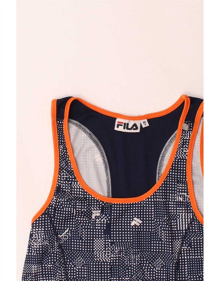 FILA Womens Vest Top UK 8 Small Navy Blue Spotted Polyester Vintage Fila and Second-Hand Fila from Messina Hembry 