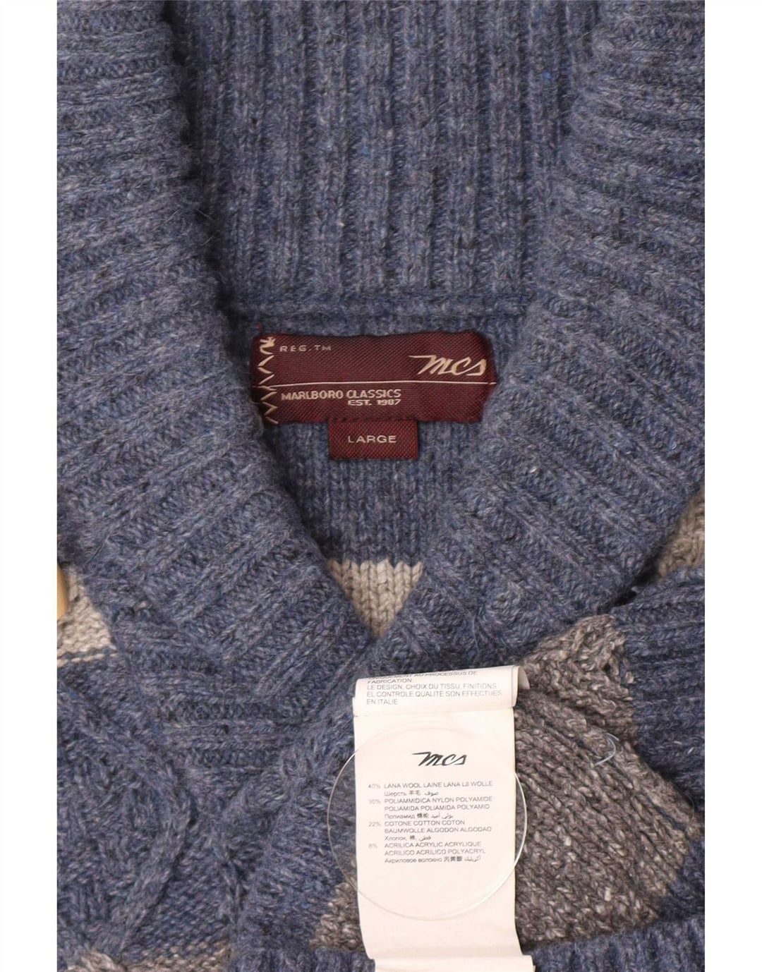 Marlboro Classics Pull à col châle pour homme en laine à rayures bleues