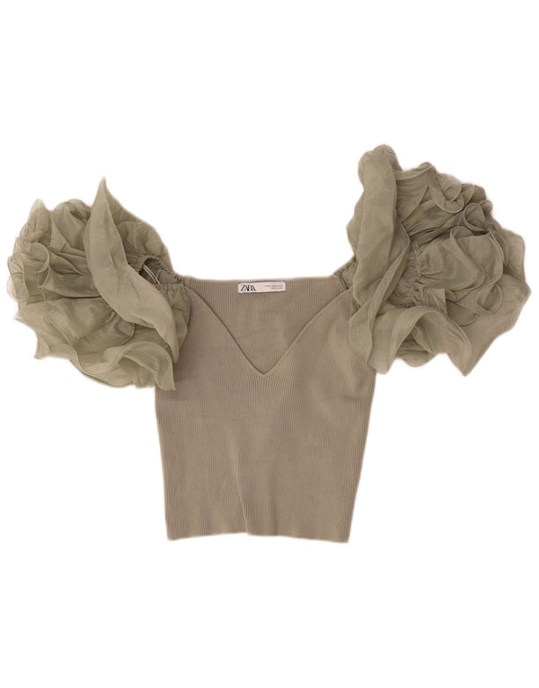 Zara Womens Crop Blouse Top UK 12 Medium Beige Viscose