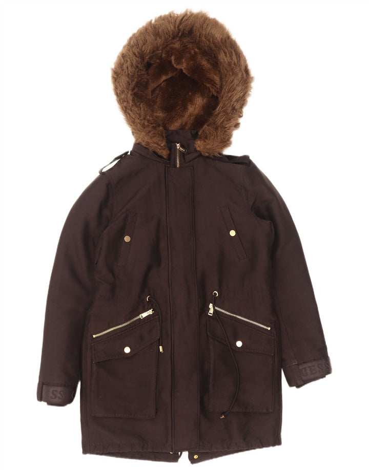Guess Parka à capuche graphique pour femme UK 6 XS Noir Polyester