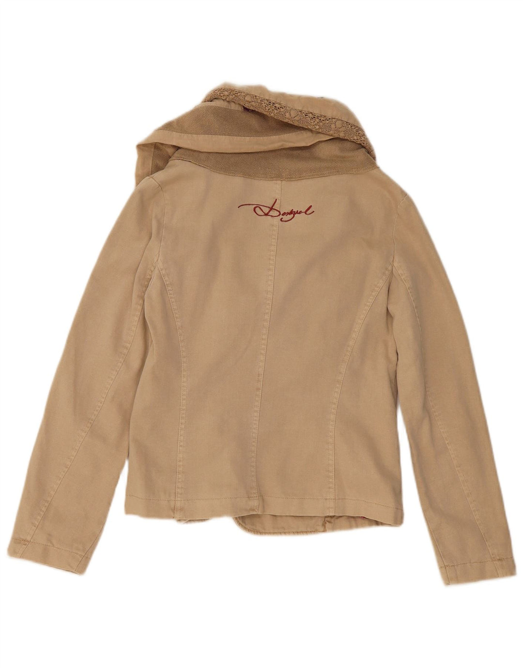 Desigual Femmes Crop Bomber Jacket EU 36 Petit Beige Colorblock Coton