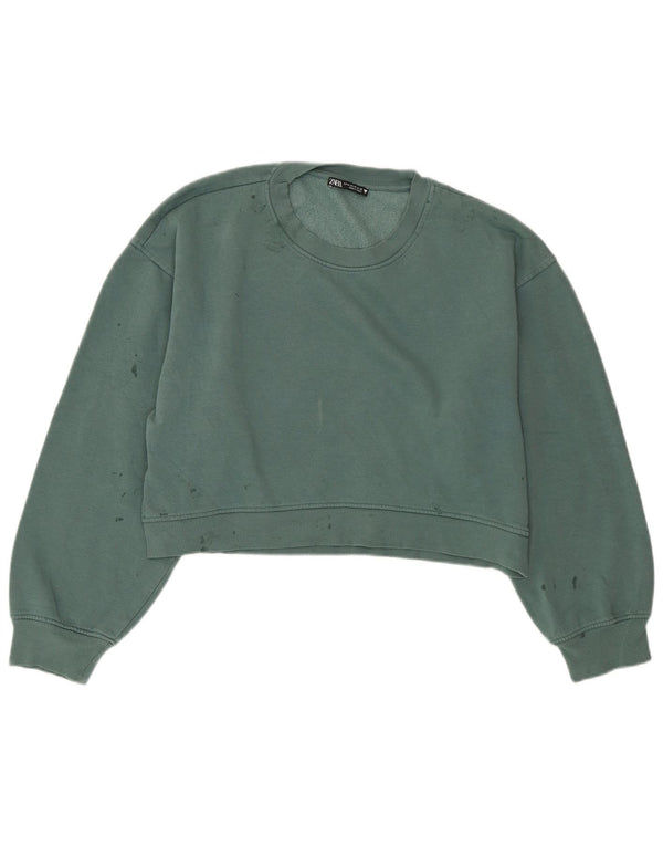 ZARA Femme Crop Sweatshirt Jumper UK 14 Vert Moyen