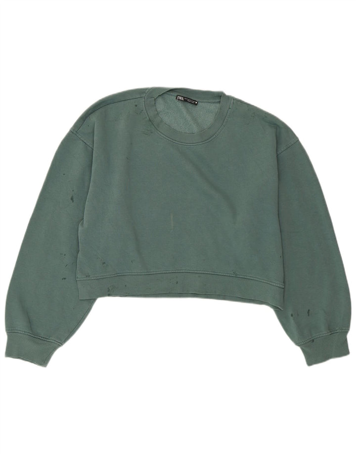 ZARA Femme Crop Sweatshirt Jumper UK 14 Vert Moyen