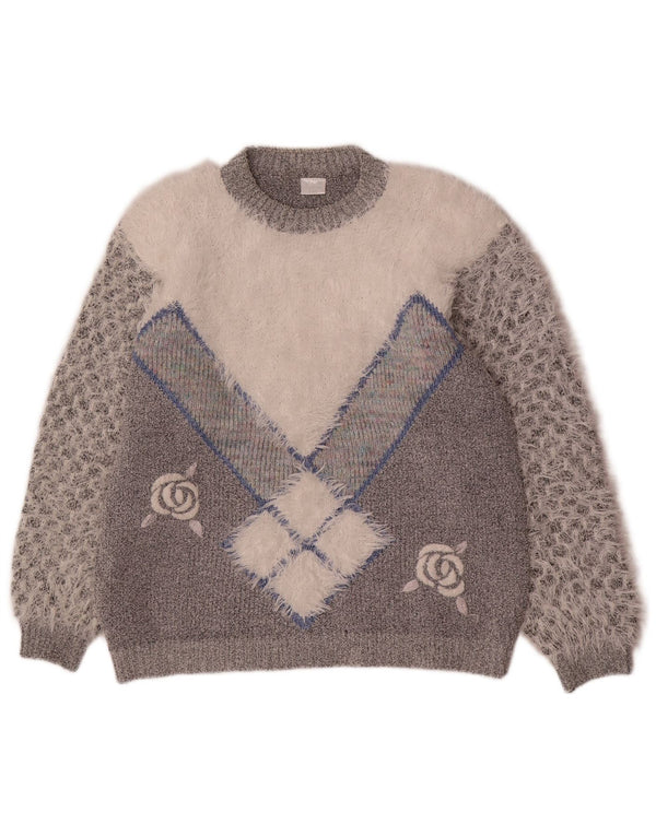 vintage Womens Crew Neck Jumper Pull UK 20 2XL Gris Colorblock Acrylique