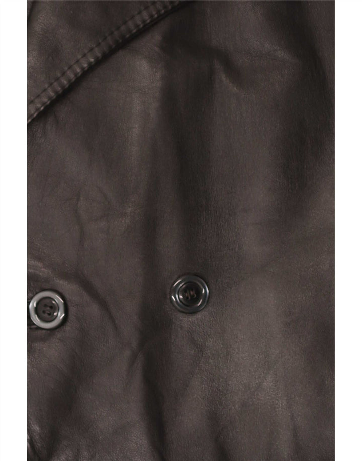 vintage Mens Double Breasted Leather Coat UK 38 Moyen Noir