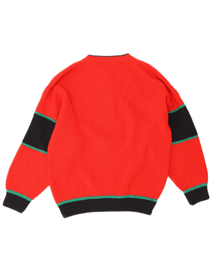 vintage Mens Crew Neck Jumper Pull IT 50 Laine Colorblock Rouge Moyen