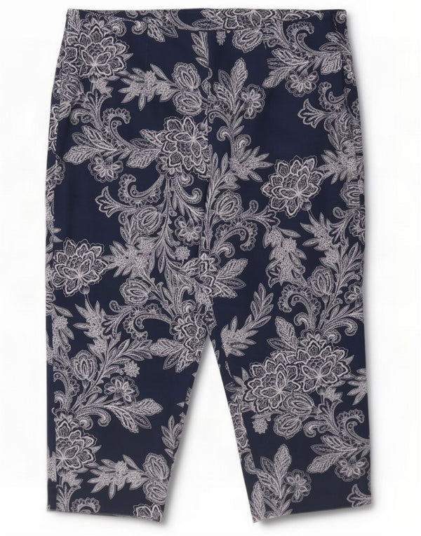 Marks & Spencer Pantalon Capri pour femme UK 16 Large W32 L19 Bleu Marine Paisley