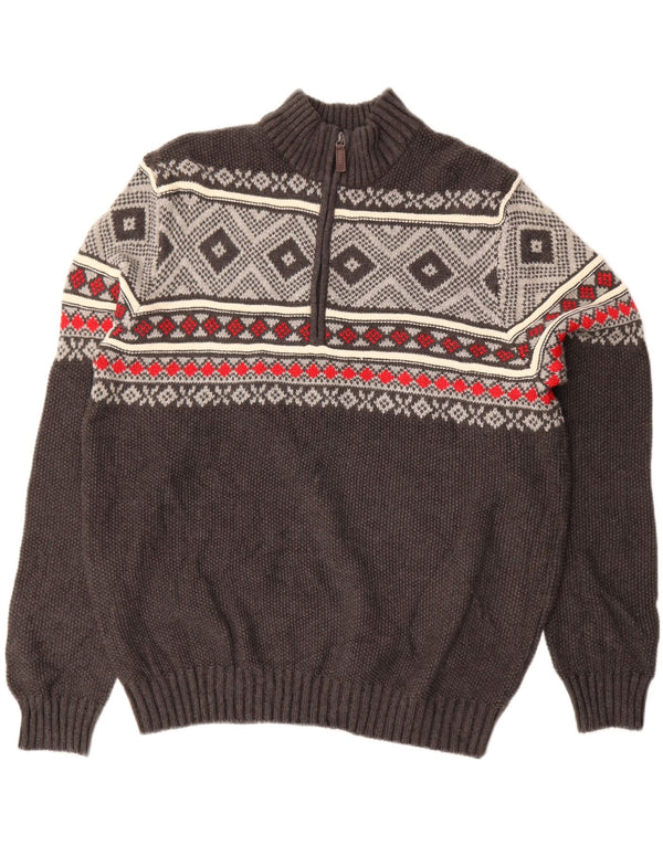 IZOD Pull col zippé pour homme en coton Fair Isle gris Taille L