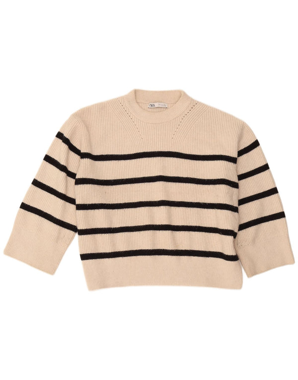 Zara Pull à manches 3/4 et col rond pour femme UK 18 XL Blanc cassé rayé