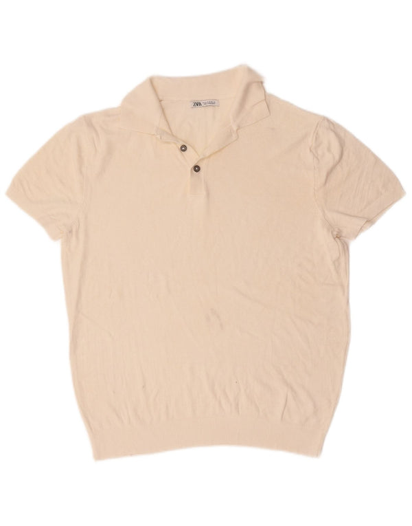 Zara Mens Short Sleeve Polo Neck Jumper Sweater Medium Off White