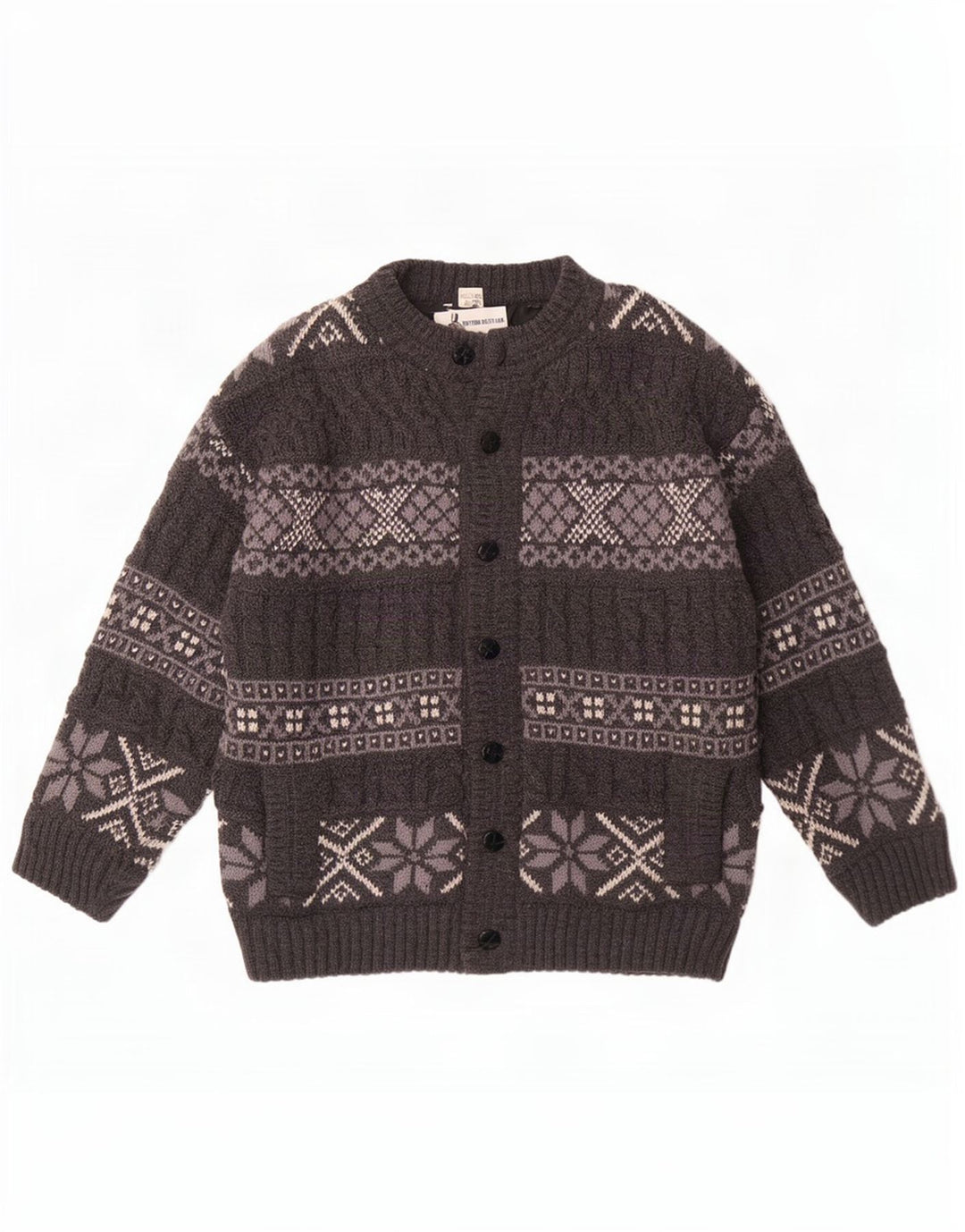 vintage Mens Cardigan Pull Grande Gris Fair Isle Laine