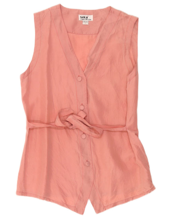 vintage Femme Chemise Sans Manches Blouse UK 14 Grande Soie Rose
