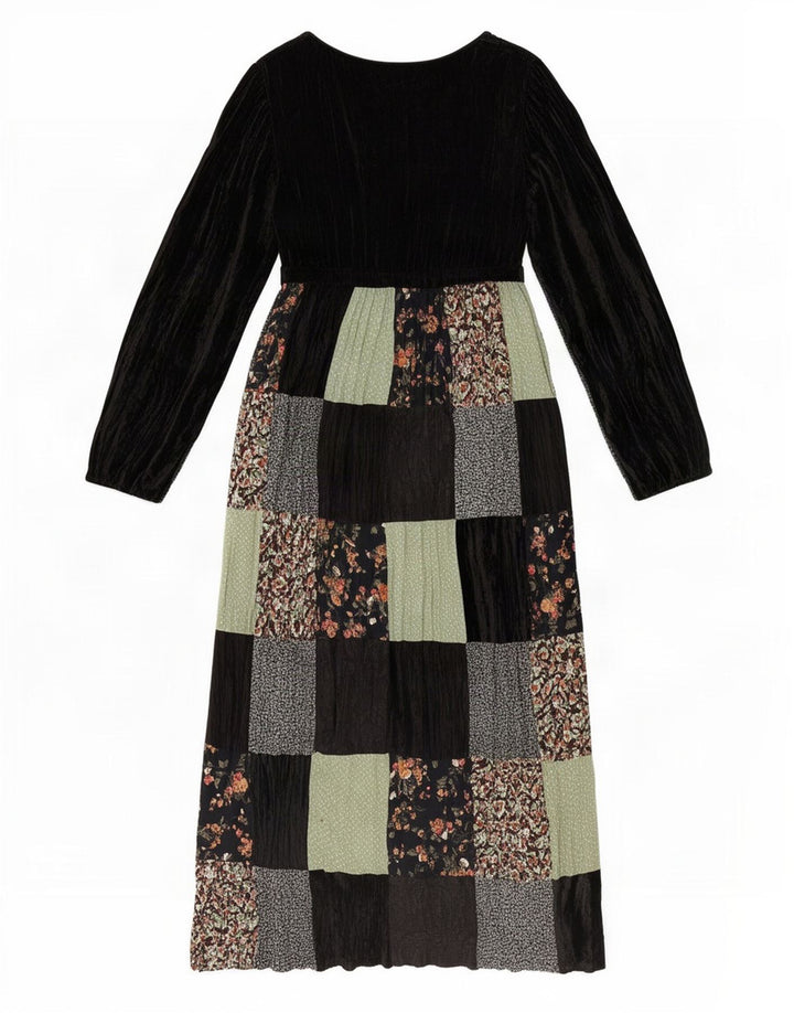 Onyx Robe longue en velours à manches longues pour femme Taille unique Noir Patchwork Viscose