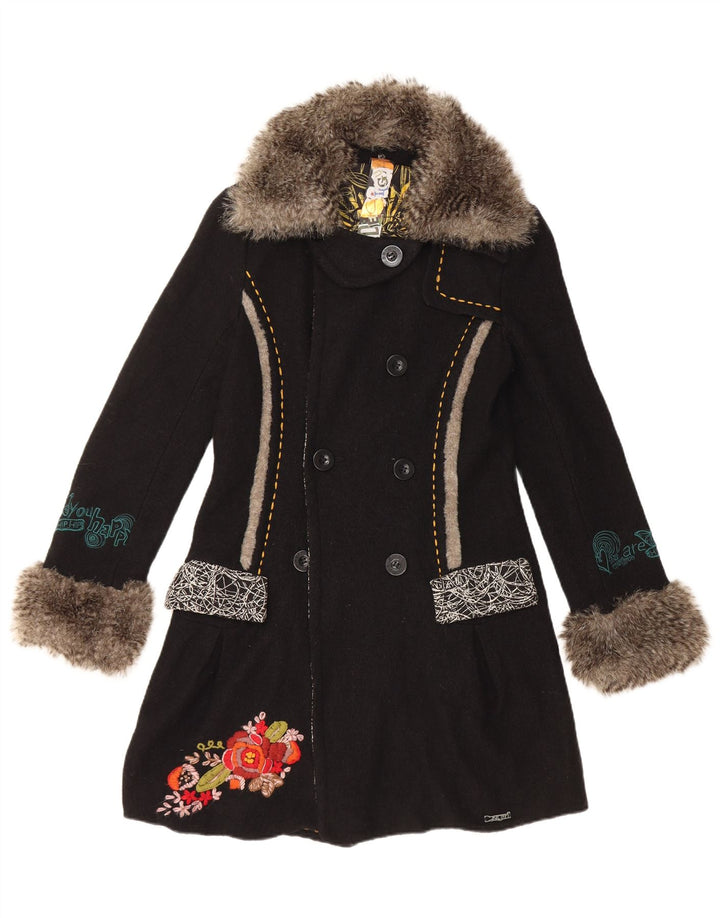Desigual Femmes Graphique Double Boutonnage Manteau EU 36 Petite Laine Florale Noire