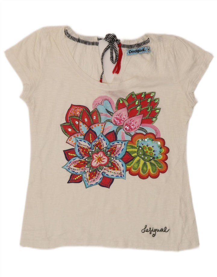 DESIGUAL T-shirt graphique pour femme UK 12 Medium White Floral