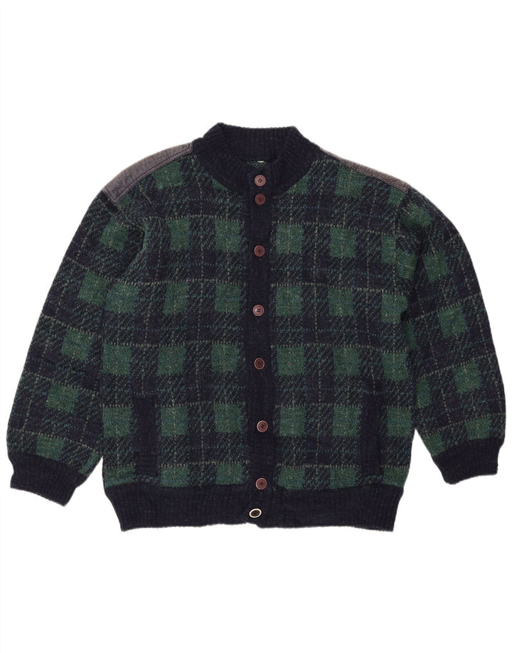 vintage Homme Cardigan Pull IT 54 XL Bleu Marine Check Laine