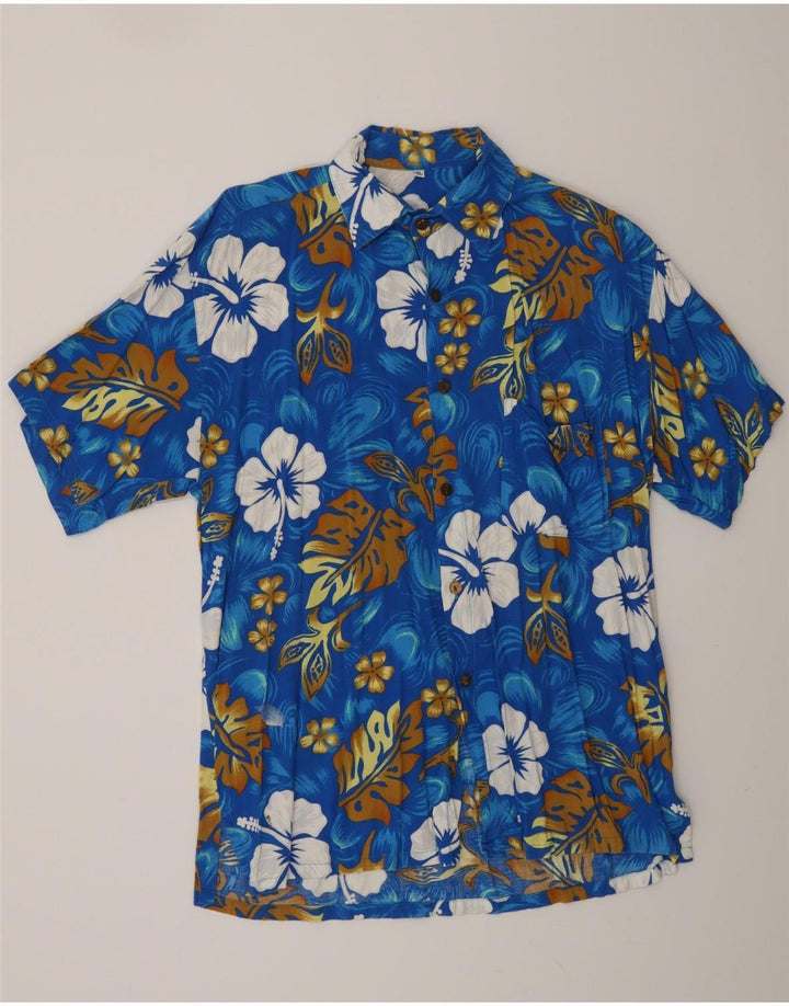 VINTAGE Chemise hawaïenne à manches courtes pour hommes XL Bleu Floral