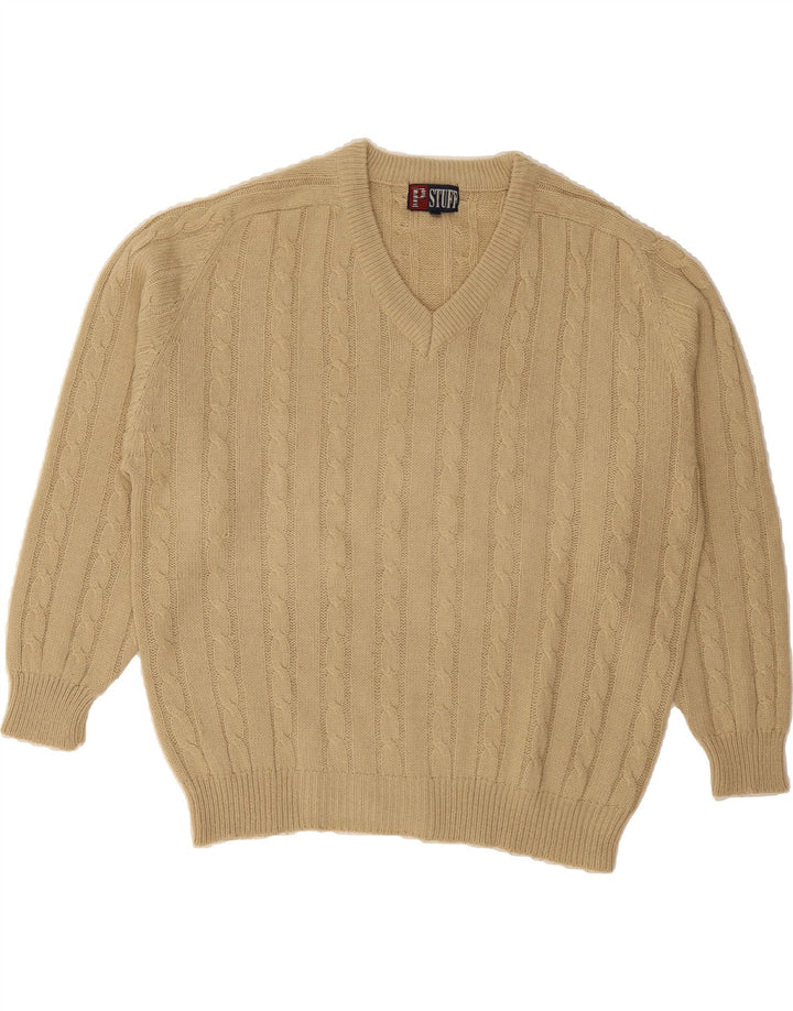 VINTAGE Mens V-Neck Jumper Sweater Large Beige Acrylic Vintage Vintage and Second-Hand Vintage from Messina Hembry 