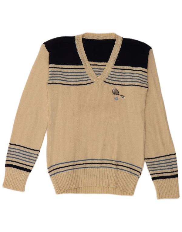 vintage Femmes V-Col Jumper Pull UK 8 Petit Off White Rayé