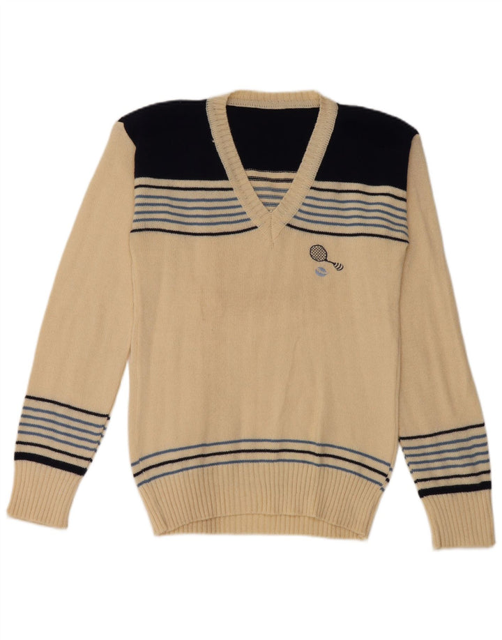 vintage Femmes V-Col Jumper Pull UK 8 Petit Off White Rayé