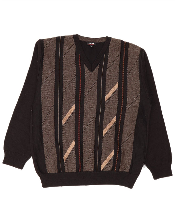 Hajo Pull col V pour homme en laine color block noir moyen