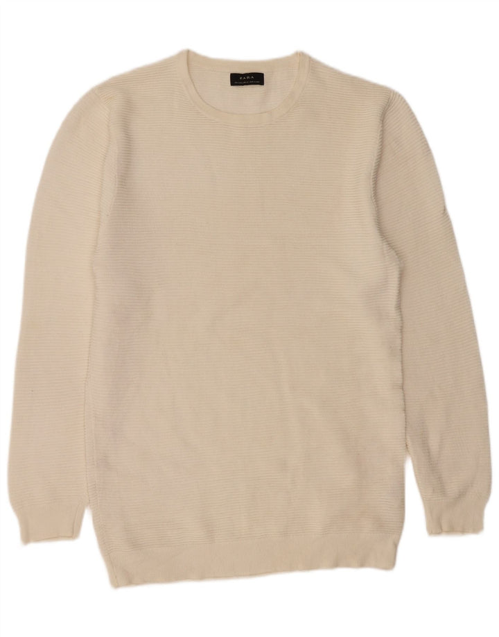 Zara Pull à col rond pour homme en coton blanc cassé