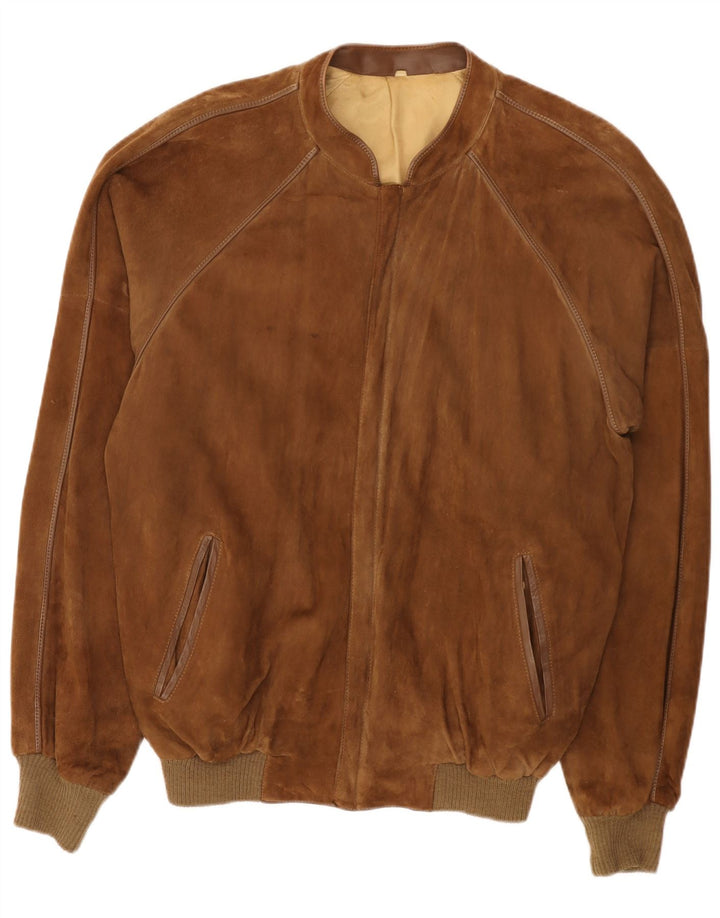 vintage Mens Suede Bomber Jacket IT 56 3XL Cuir Marron