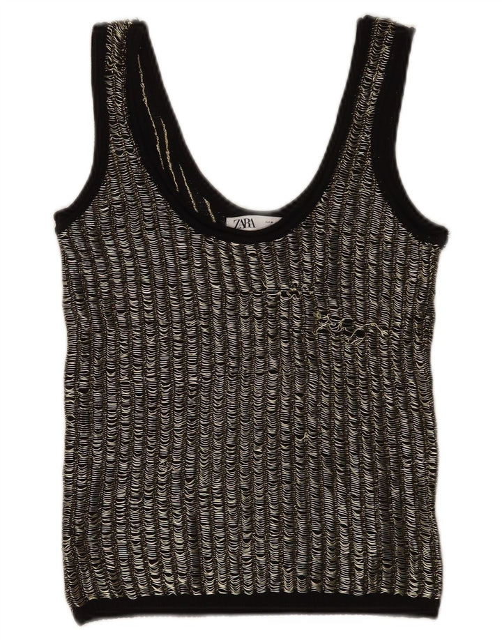 Zara Womens Crop Vest Top UK 12 Medium Noir Rayé Viscose