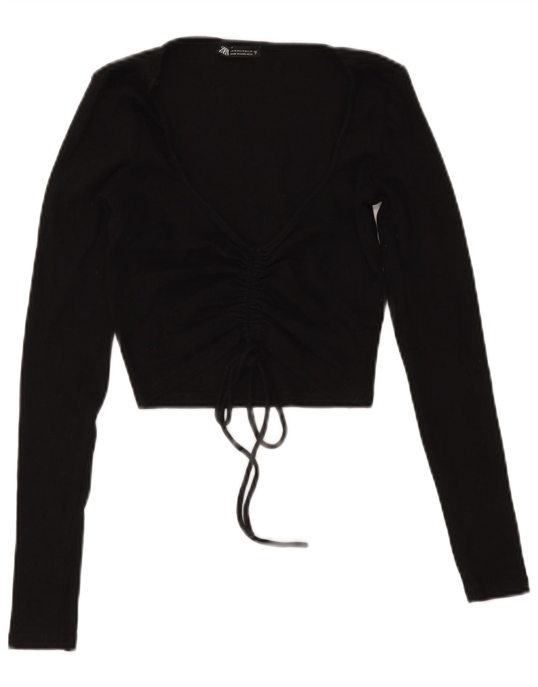 Zara Womens Crop Front Tie Top Manches Longues UK 12 Moyen Noir Coton