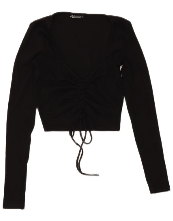 Zara Womens Crop Front Tie Top Manches Longues UK 12 Moyen Noir Coton