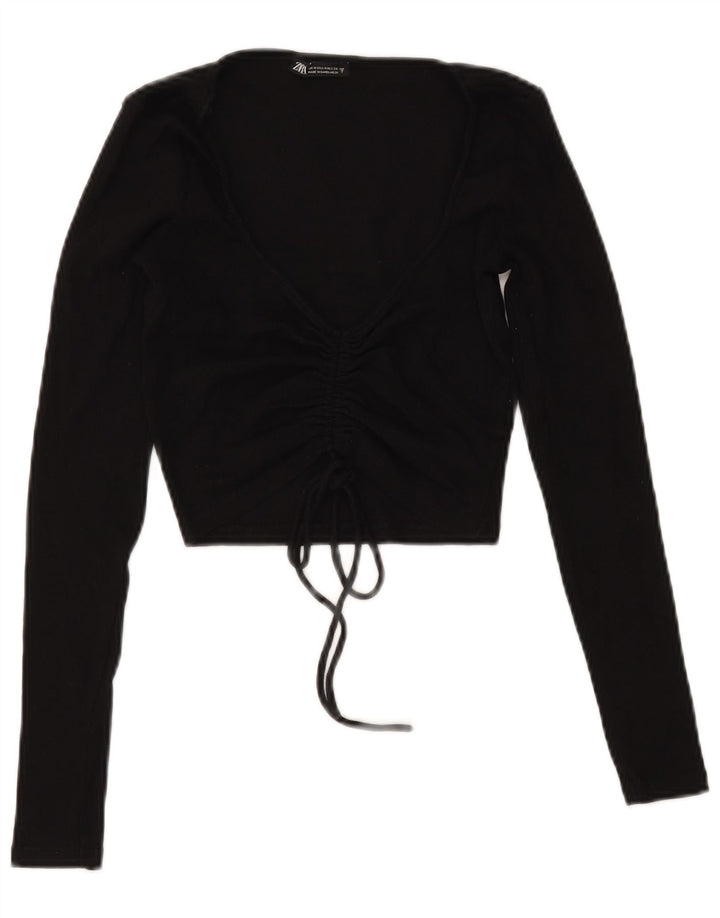 Zara Womens Crop Front Tie Top Manches Longues UK 12 Moyen Noir Coton