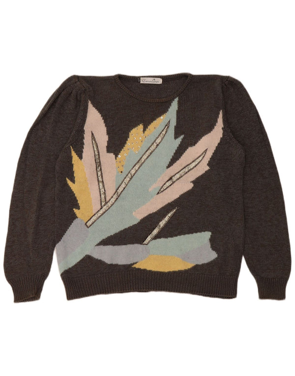 vintage Femmes Oversize Crew Neck Jumper Pull EU 40 Moyen Gris Floral