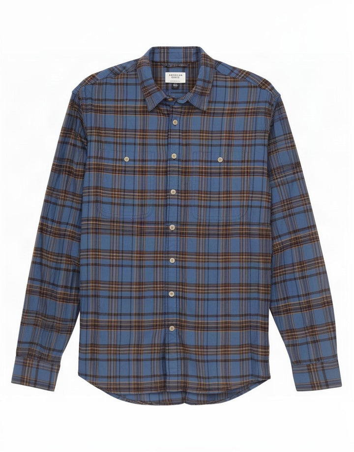 American Eagle Chemise en flanelle pour homme, coupe décontractée, en coton à carreaux bleus