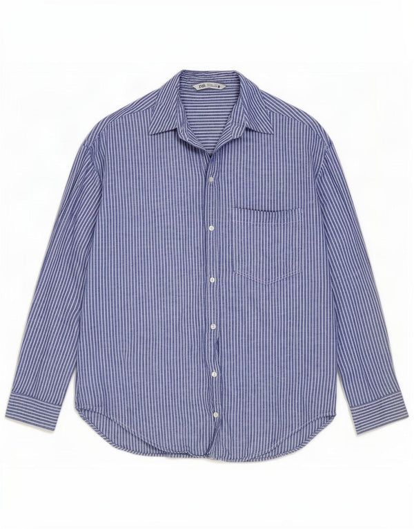 Zara Chemise surdimensionnée pour femme UK 10 Petit lin à fines rayures bleues