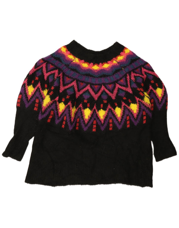 Zara Pull surdimensionné à col bateau pour femme UK 16 Large Noir Fair Isle