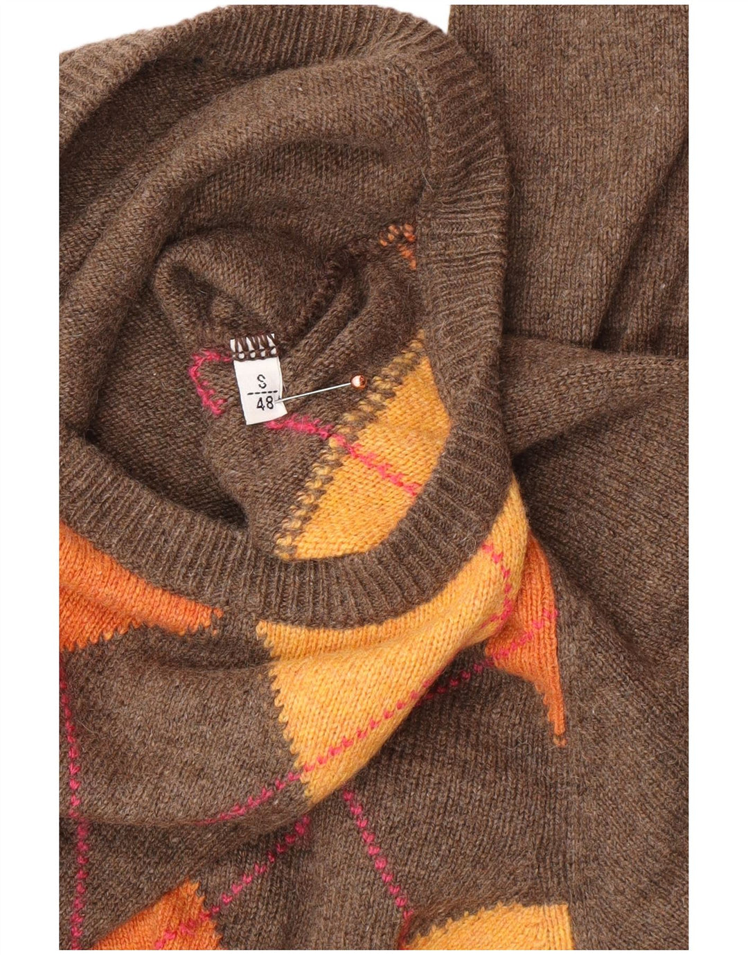 VINTAGE Pull ras du cou pour homme IT 48 Petit Marron Argyle/Diamant