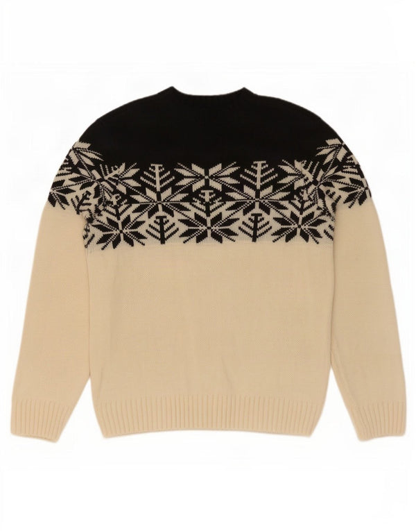 vintage Mens Crew Neck Jumper Pull Moyen Blanc Fair Isle Acrylique