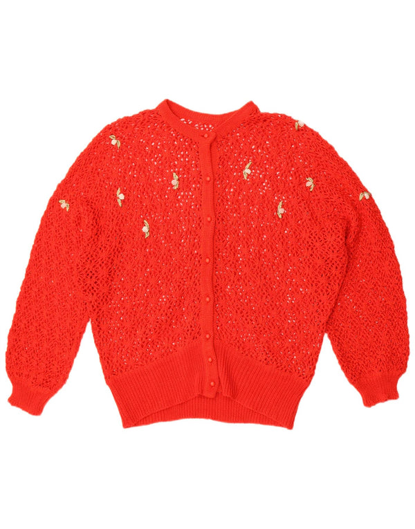 vintage Femmes Crochet Cardigan Pull UK 18 XL Rouge Floral