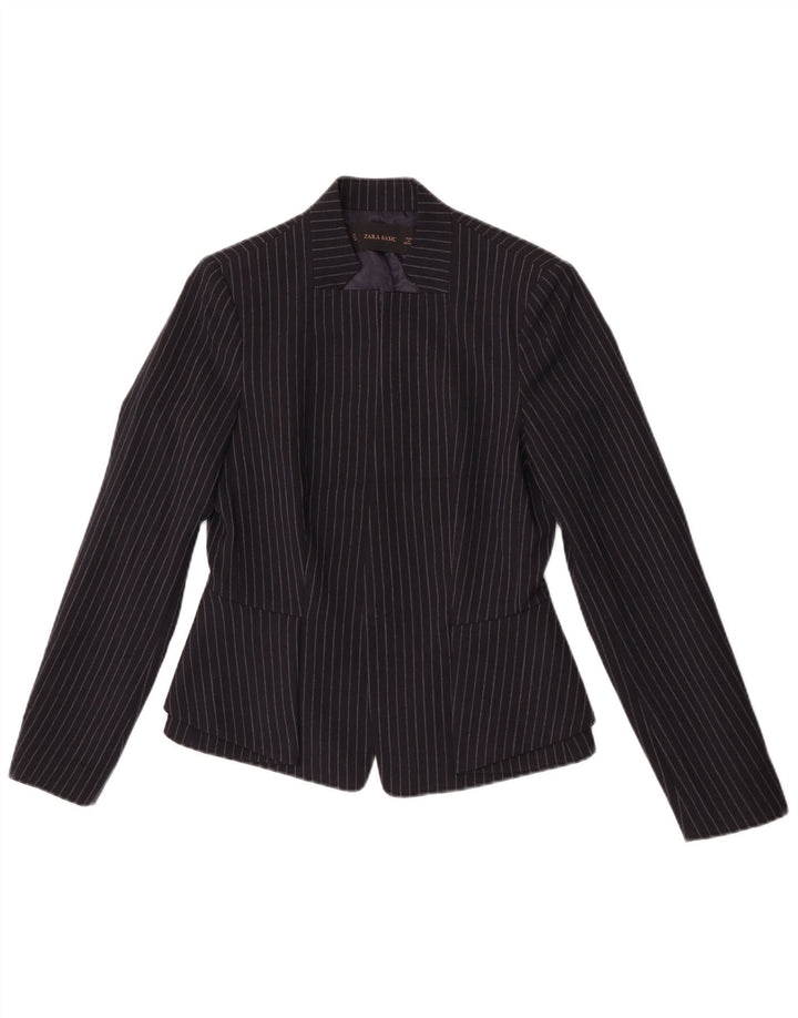 Zara Veste Blazer Ouverte Femme UK 8 Petite Rayure Bleu Marine