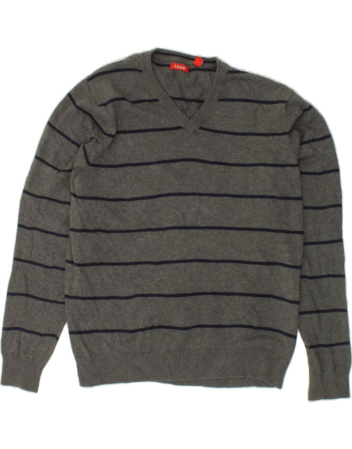 IZOD Mens V-Neck Jumper Sweater Large Grey Striped Vintage Izod and Second-Hand Izod from Messina Hembry 